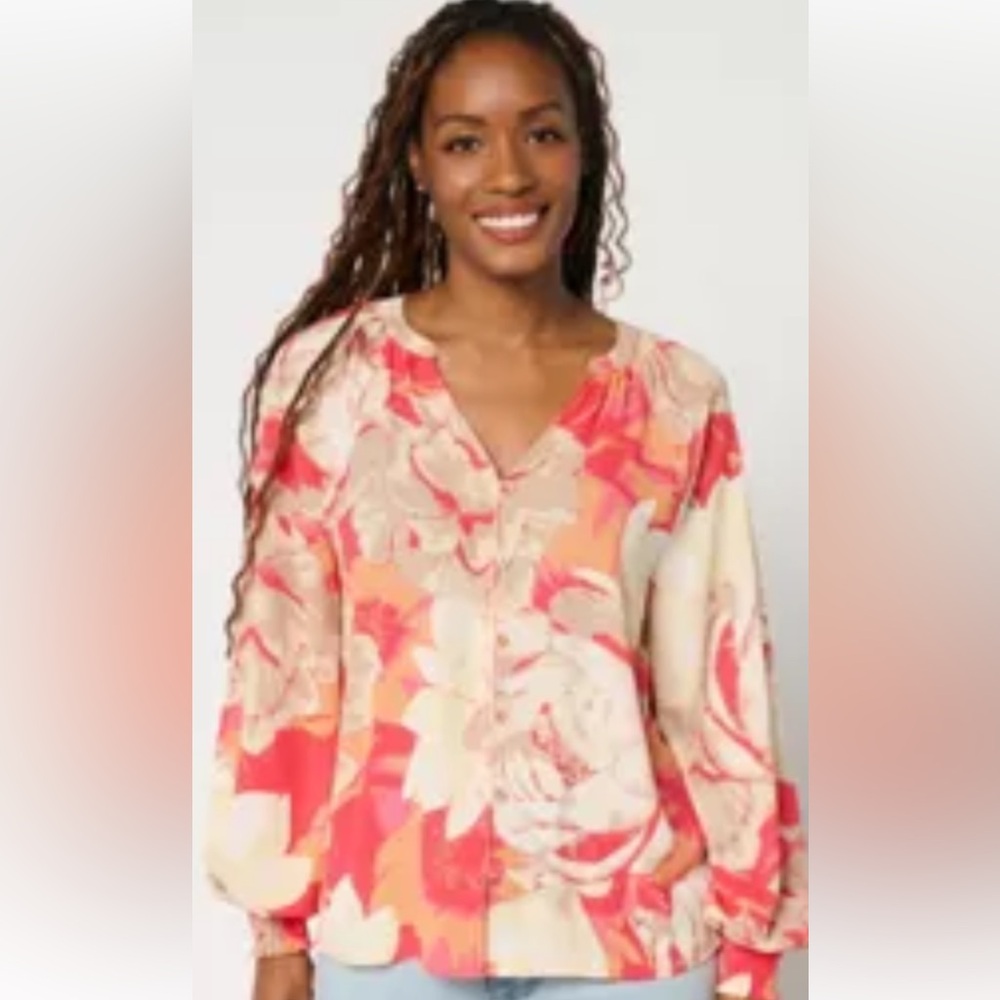 Beautiful by Lawrence Zarian" floral print sheer blouse long sleeves NWOT Sz:M